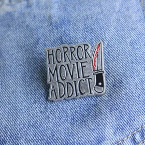 Horror movie addict enamel pin brooch spooky bloody knife badge apparel jacket denim
