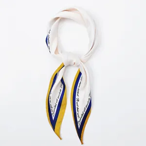 Pañuelo de seda estrecho chic con borde azul amarillo y texto francés elegante para mujer.