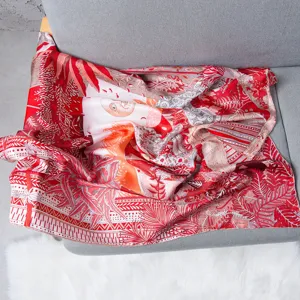 Luxury orange silk square scarf featuring vibrant red tropical sun design women twill wrap