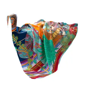 Luxurious silk square scarf with tropical jungle pattern, elegant women scarf for daily use.