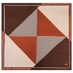 Detail view of women's geometric satin square scarf featuring elegant heart prints, 70cm size.