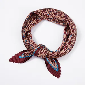 Women Pleated Satin Square Scarf Printed Leopard Grid Pattern Fashion Neck Scarf Hair Band Handbag Accessory For Daily Decoration