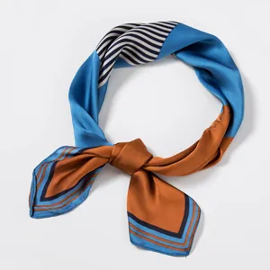 Stylish 70cm satin silk square scarf with chic blue and brown geometric stripes design.