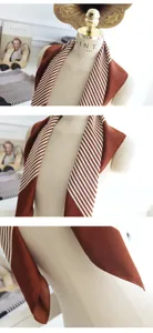 Caramel and white striped silk small square scarf, elegant neck accessory detail display view.