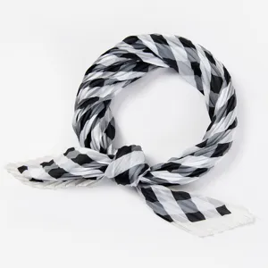 Black and white plaid pleated neck scarf, chic daily fashion accessory for women.