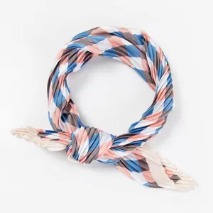 Pleated plaid small square scarf, chic neckerchief accessory for women, stylish detail.
