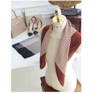 Caramel striped small silk scarf for women, elegant retro neckerchief for autumn winter.