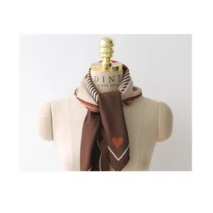 Brown satin silk square scarf for women 70cm with chic stripes and heart print design.