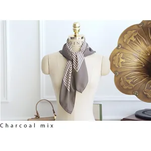 Charcoal mix striped small square scarf, elegant retro design for women's professional wear.