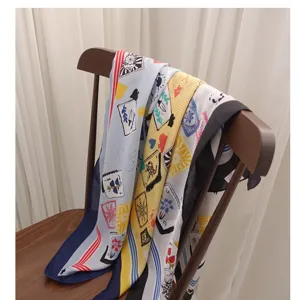 Fashion women silk square scarf with vintage playing card print, elegant neckerchief for daily wear.