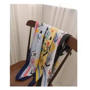 Women square scarf imitation silk scarf playing card print fashion versatile neck accessory.