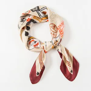 Vintage poker card print silk feel square scarf with contrast burgundy ends for women.