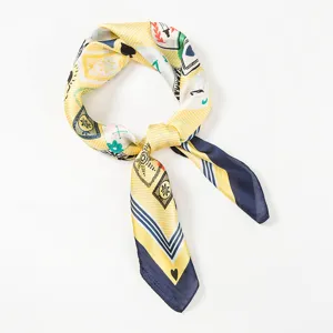 Elegant women silk scarf yellow blue playing card print square fashion neckerchief accessories