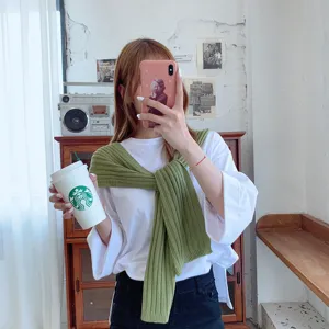 Green knitted shawl detail, Korean style ribbed knit sweater accessory for stylish autumn outfits.