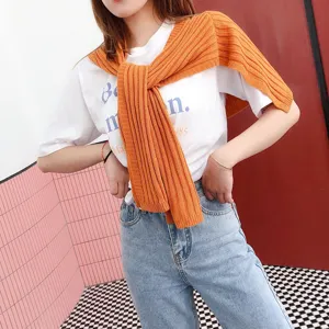 Orange knit sweater shawl fake two-piece autumn stylish knitted shoulder wrap for women top