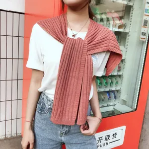 Stylish knitted fake two-piece shawl for women, autumn fashion wrap scarf, cozy apparel.