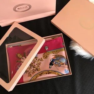 Luxury silk square scarf gift set with pink presentation box and matching gift bag for women.