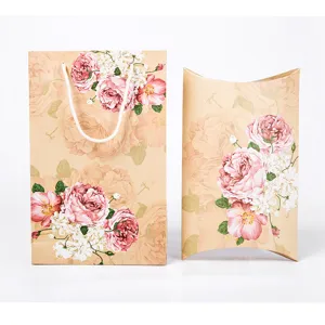 Vintage floral kraft paper gift bag and pillow box set for wedding Mother's Day.