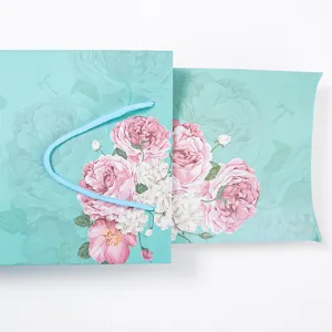 Turquoise gift box detail featuring pink rose floral patterns and light blue handle ribbon.