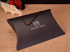 Black pillow gift box with brown handle and golden logo for luxury silk scarves packaging.