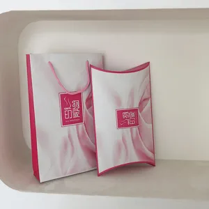Gift paper bag and pillow box set with pink silk texture print for wedding and holiday.