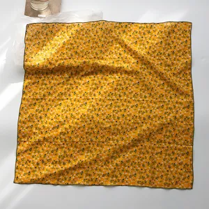 Blumiger Baumwoll-Leinen-Quadratschal, gelbes Halstuch im ländlichen Stil für Damen.
