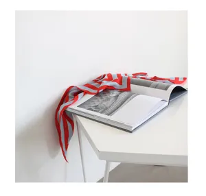 Red and grey striped silk square scarf 70cm, elegant fashion neckerchief displayed on white desk.