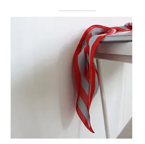 Red and grey striped silk scarf detail view, 70cm square scarf for women chic neckerchief styling.