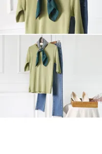 Korean style fashion women apparel set matching knit top scarf jeans chic daily outfit