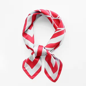 Red and white geometric print silk square scarf, stylish small neckerchief for women.