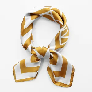 Elegant yellow and white geometric pattern square silk scarf, fashionable women accessory.