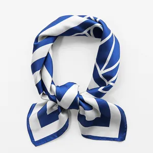 Blue and white geometric print silk square scarf for women, elegant daily neckerchief style.