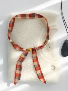 Retro Karo Band Halskette mit Holzperlen, schicke verstellbare Stoff Pulloverkette Damen.