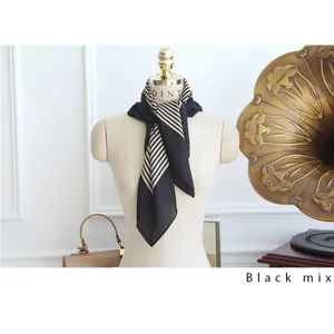 Elegant black and white striped small square silk scarf for women, retro fashion neckerchief.