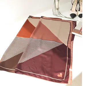 Elegant women satin square scarf with geometric color block and stripe pattern for gift.