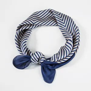 Elegant blue and beige chevron striped small silk scarf, fashionable women neckerchief.
