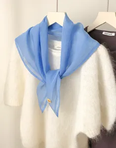 Lightweight solid blue chiffon scarf neckerchief, soft breathable fabric for daily stylish wear.
