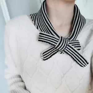 Knitted black and white striped fake collar, versatile winter bow neck scarf for women.