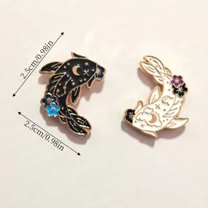 Yin Yang Koi Enamel Brooch Set Cute Black White Fish Metal Badge Jacket Lapel Pin Gift