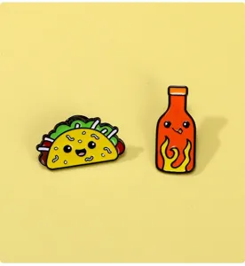 Cute taco and hot sauce bottle enamel pin detail, perfect for bags and jackets decor.