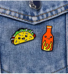 Cute taco and hot sauce bottle enamel pins alloy cartoon brooch badge for jackets and bags.