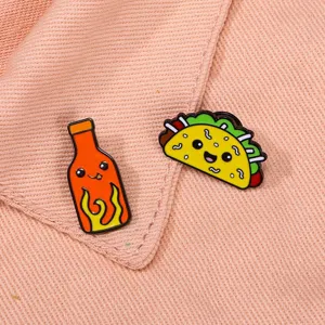 Cute hot sauce and taco enamel pins set, cartoon food alloy brooch for jackets and bags.