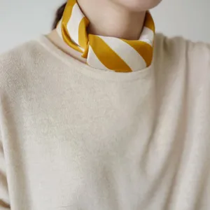 Women stylish yellow white striped silk scarf versatile square neckerchief accessories