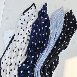 Pleated polka dot neck scarf detail view, chic simulation silk small square scarf.