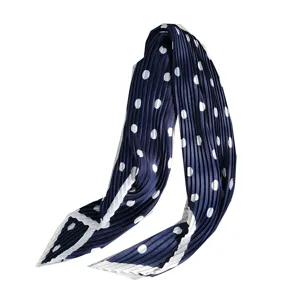 Navy blue pleated polka dot scarf, elegant women's silk-feeling neckerchief for daily wear.