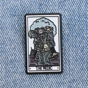 Tarot card style skeleton medic enamel pin detail, retro military tactical badge accessory.