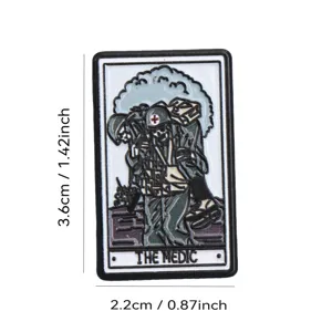 Card style skeleton medic enamel pin detail shot, creative gothic tactical badge accessory.