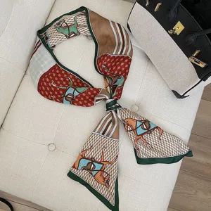 Schmaler Seidenschal Pferde Print Luxus Twill Halstuch elegante Mode Retro Haarband Stil Damen