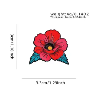 Detailed view of retro color-blocking red flower alloy brooch, American tattoo style badge.