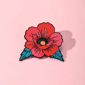 Retro tattoo flower brooch detail, alloy painted red flower pin with colorful petals.
